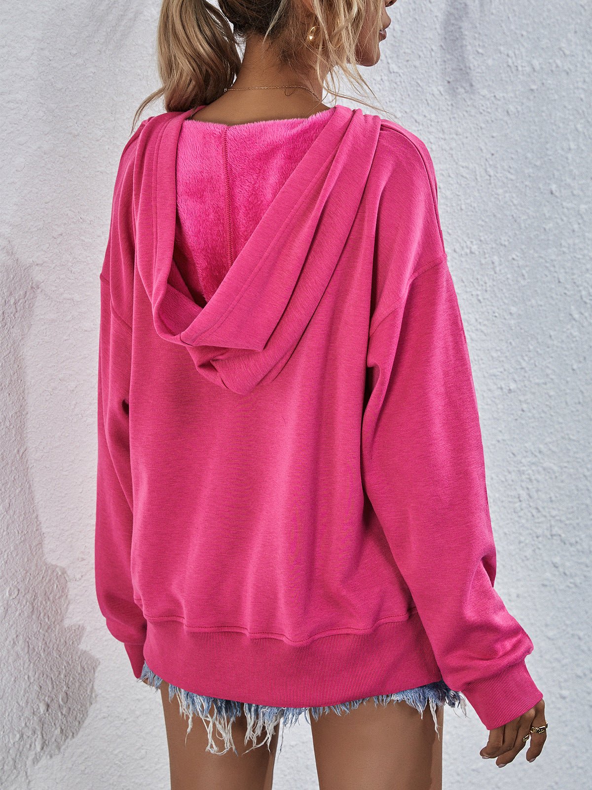 Dropped Shoulder Slit Hoodie - Sweatshirt - Hot Pink - Bella Bourget