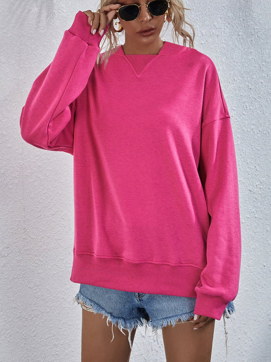 Dropped Shoulder Slit Hoodie - Sweatshirt - Hot Pink - Bella Bourget