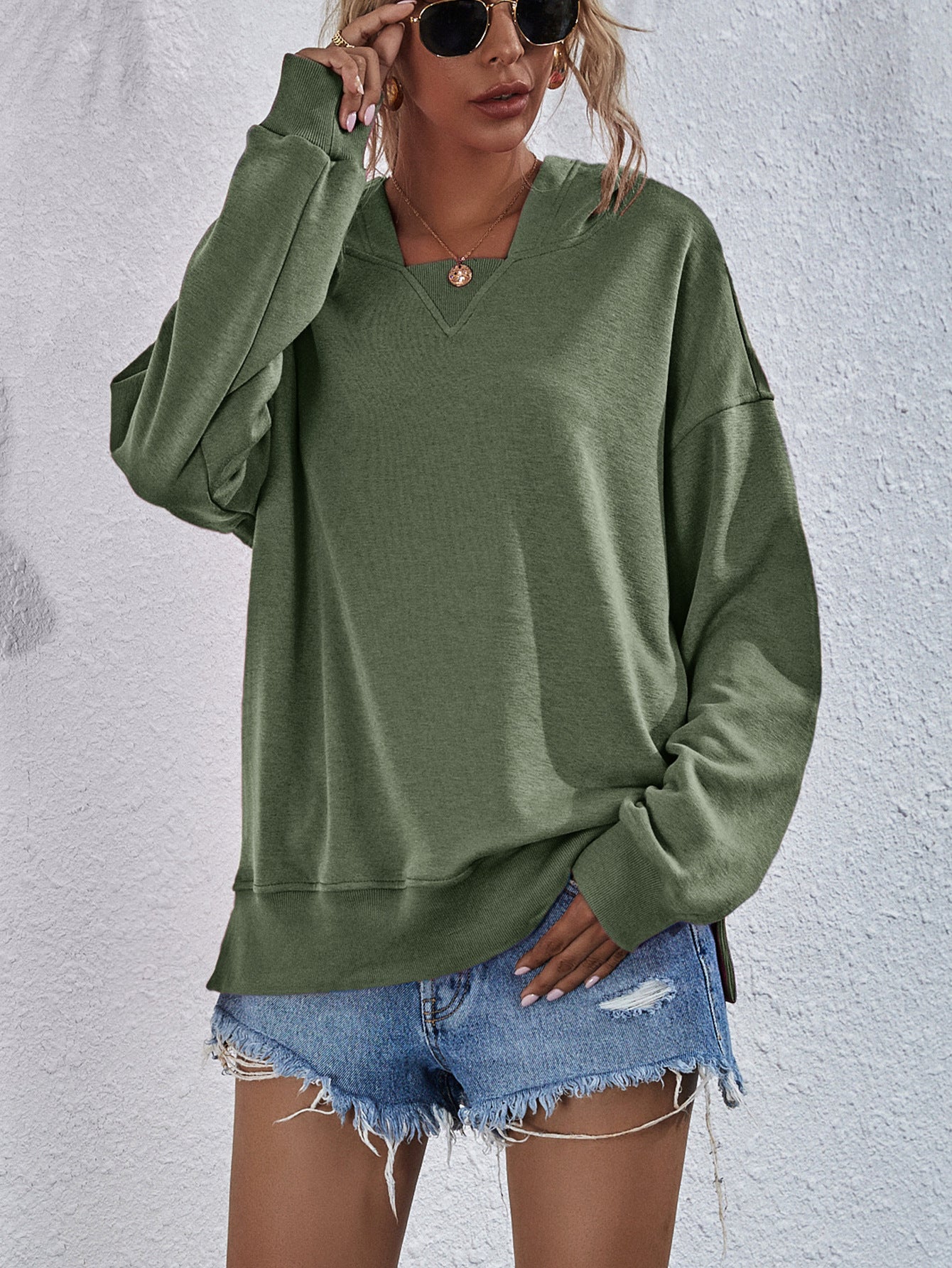 Dropped Shoulder Slit Hoodie - Sweatshirt - Moss - Bella Bourget