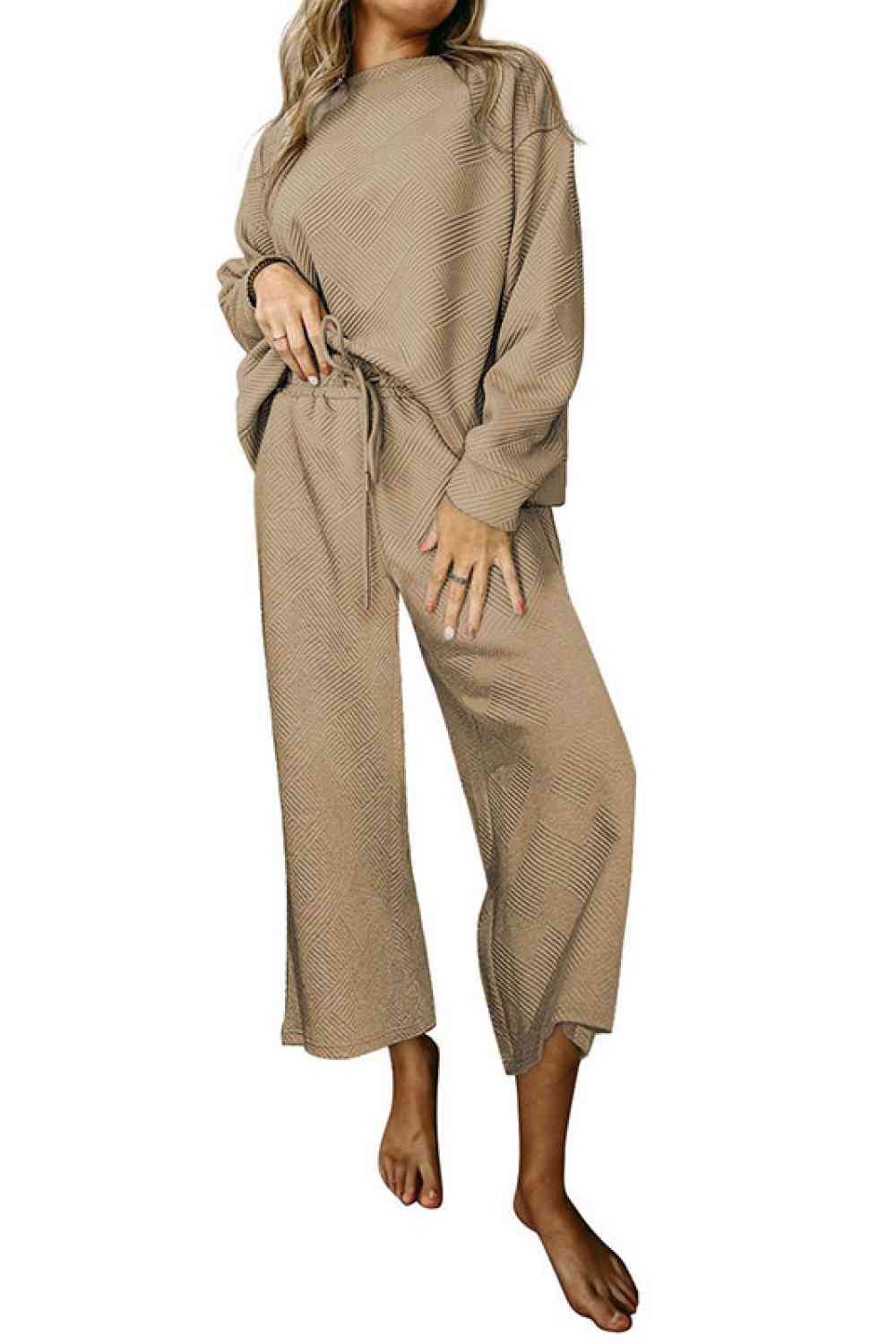 Dropped Shoulder Top and Pants Set - Loungewear Set - Khaki - Bella Bourget