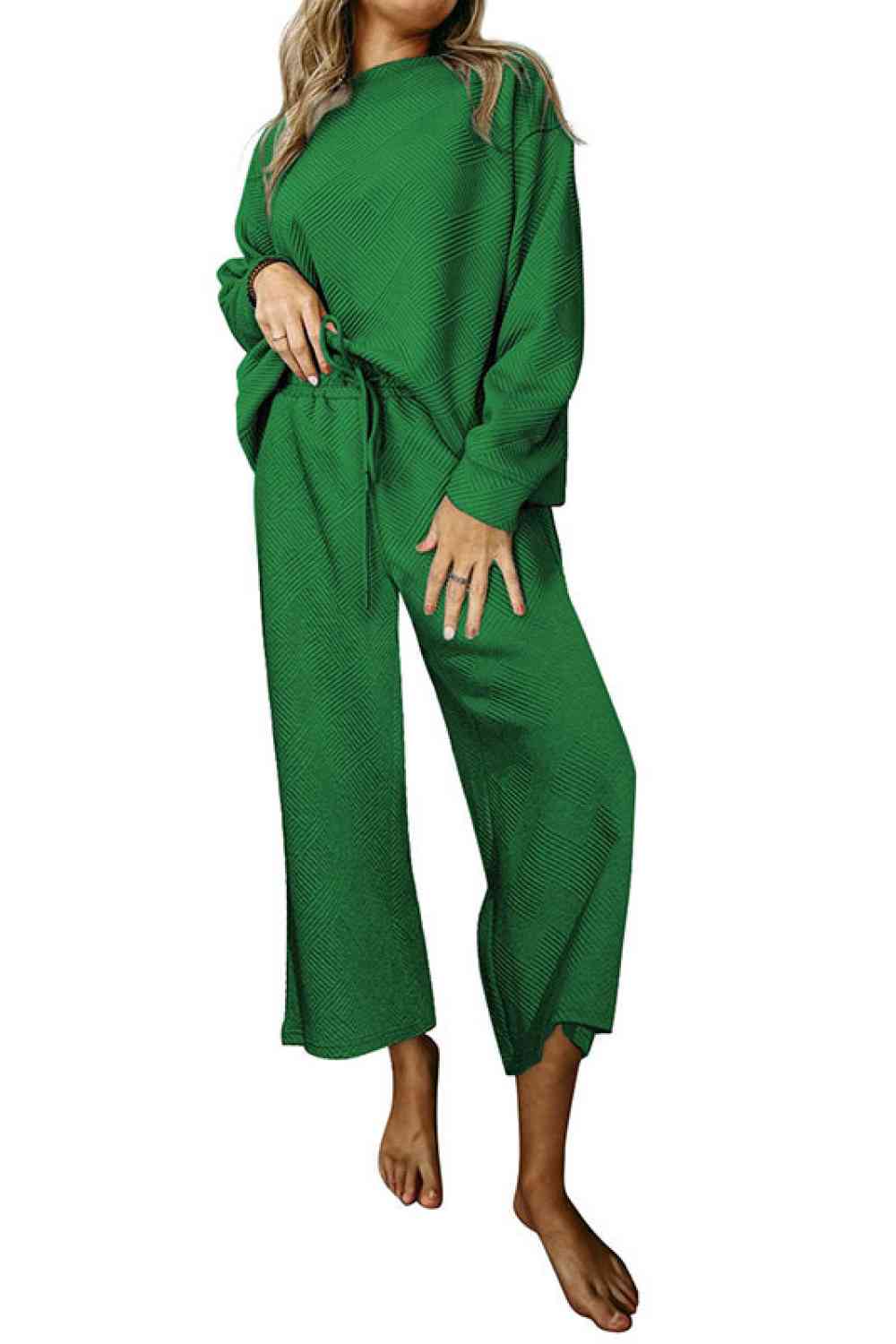 Dropped Shoulder Top and Pants Set - Loungewear Set - Mid Green - Bella Bourget