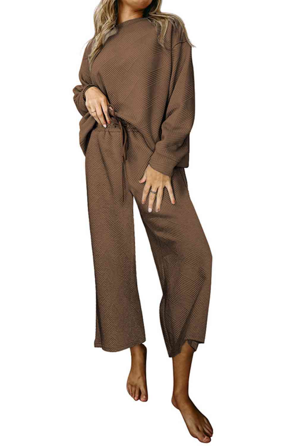 Dropped Shoulder Top and Pants Set - Loungewear Set - Chocolate - Bella Bourget