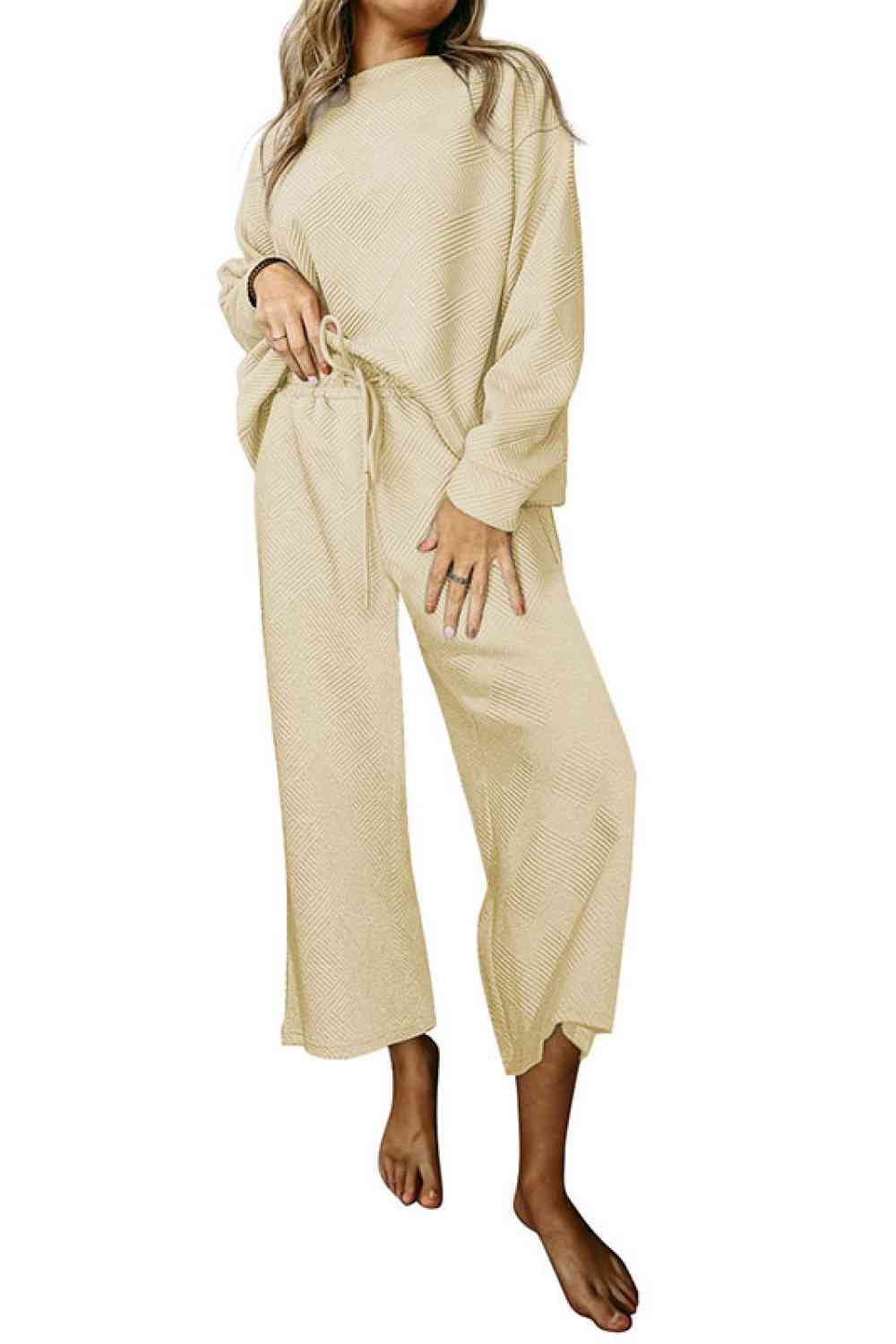 Dropped Shoulder Top and Pants Set - Loungewear Set - Beige - Bella Bourget