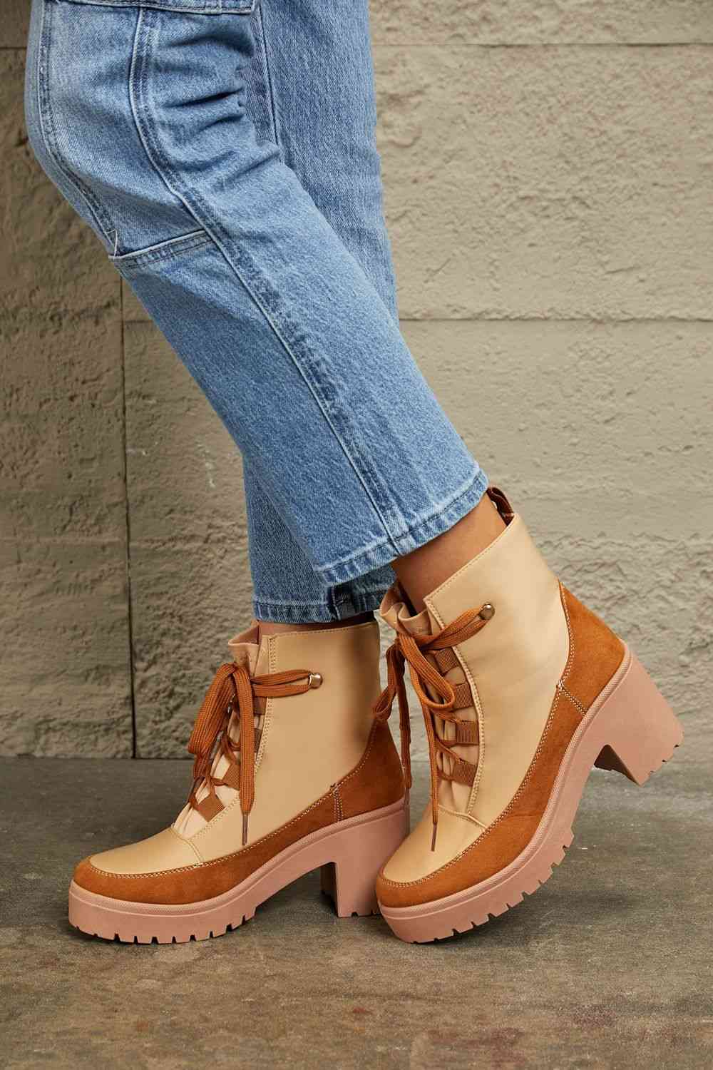 East Lion Corp Lace Up Lug Booties - shoes - Tan - Bella Bourget