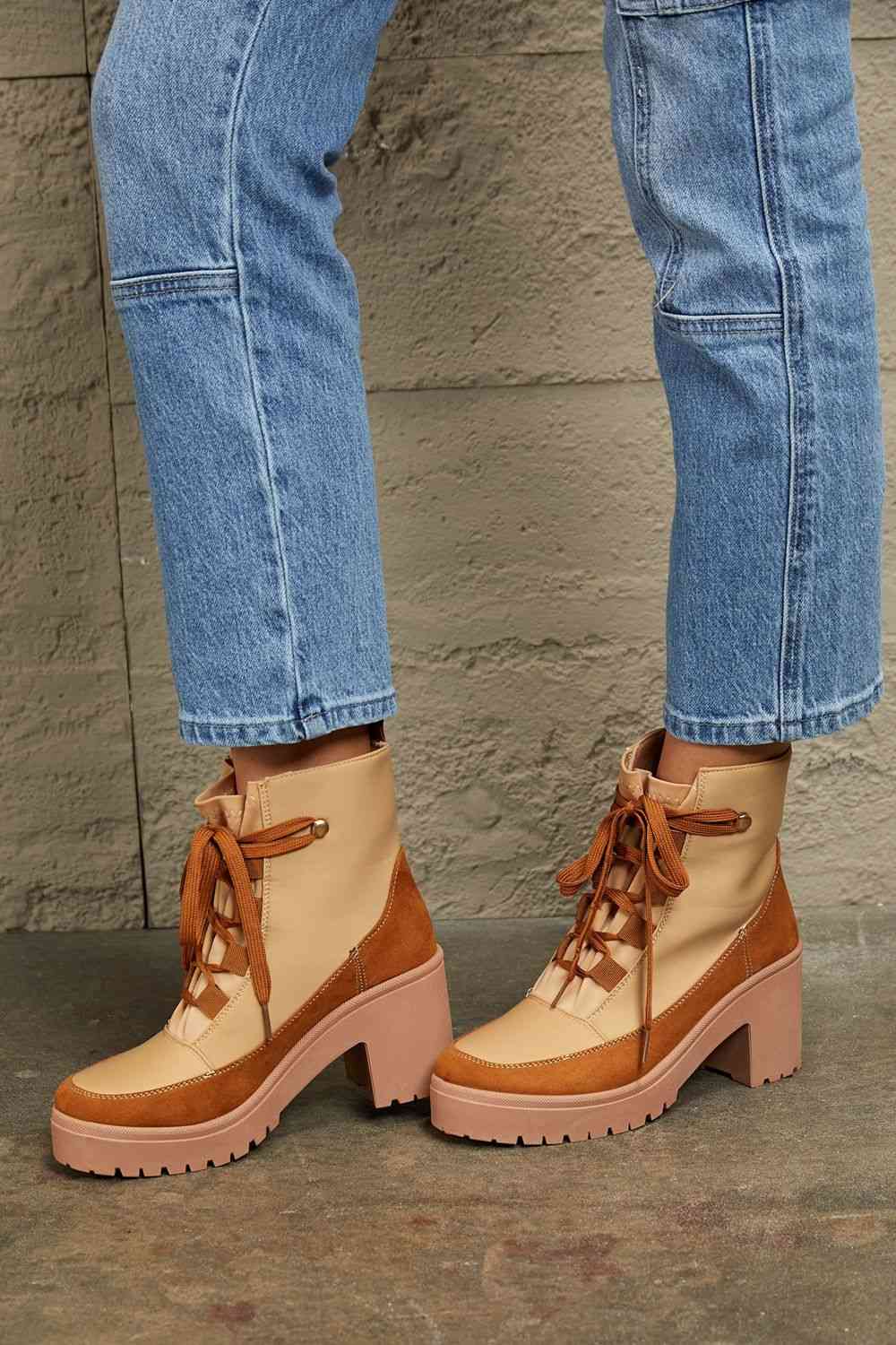 East Lion Corp Lace Up Lug Booties - shoes - Tan - Bella Bourget