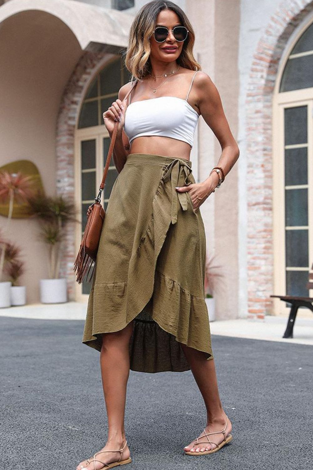 Elastic Waist Ruffled Skirt with Pockets - Skirt - Olive - Bella Bourget