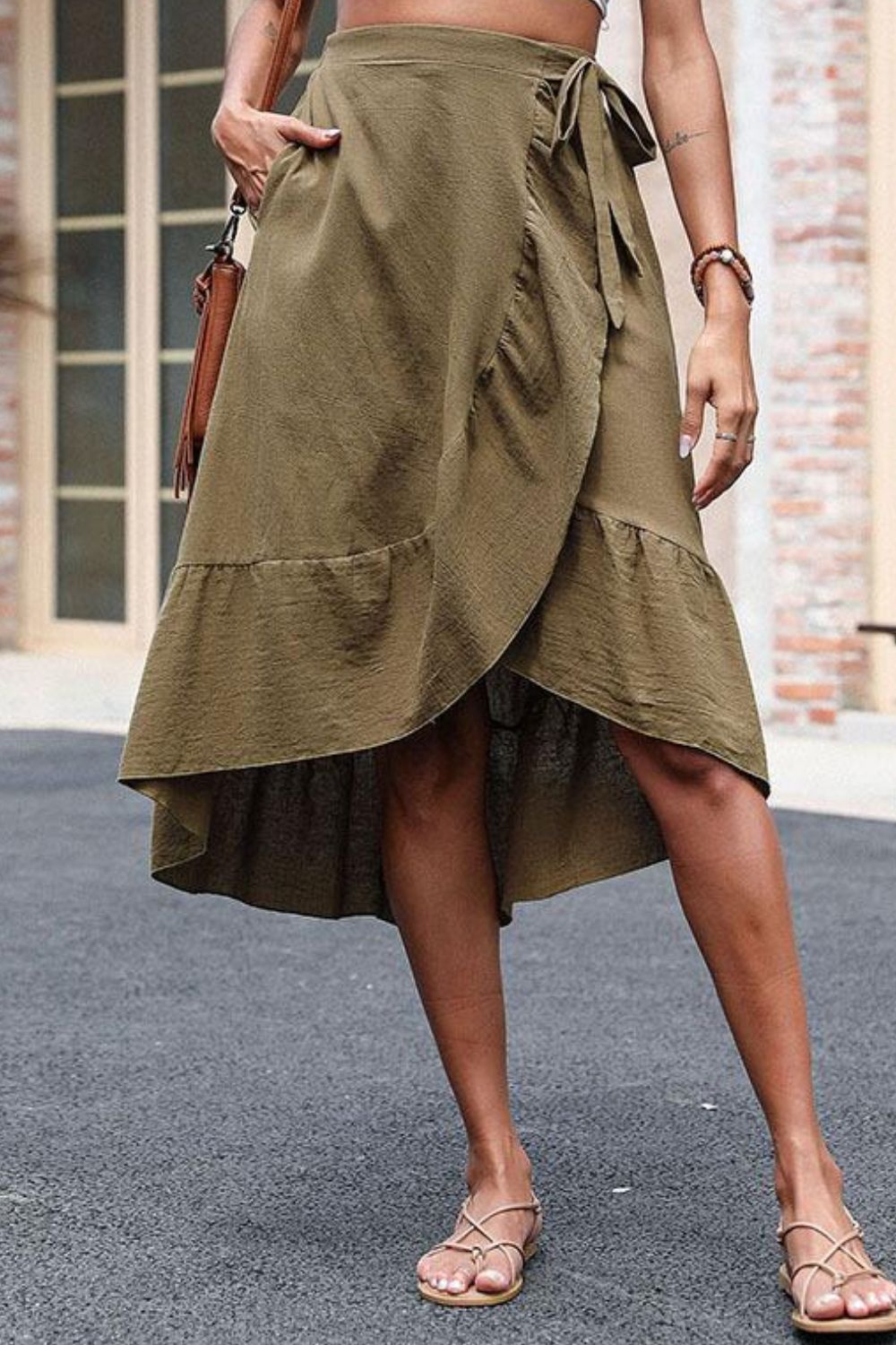 Elastic Waist Ruffled Skirt with Pockets - Skirt - Olive - Bella Bourget