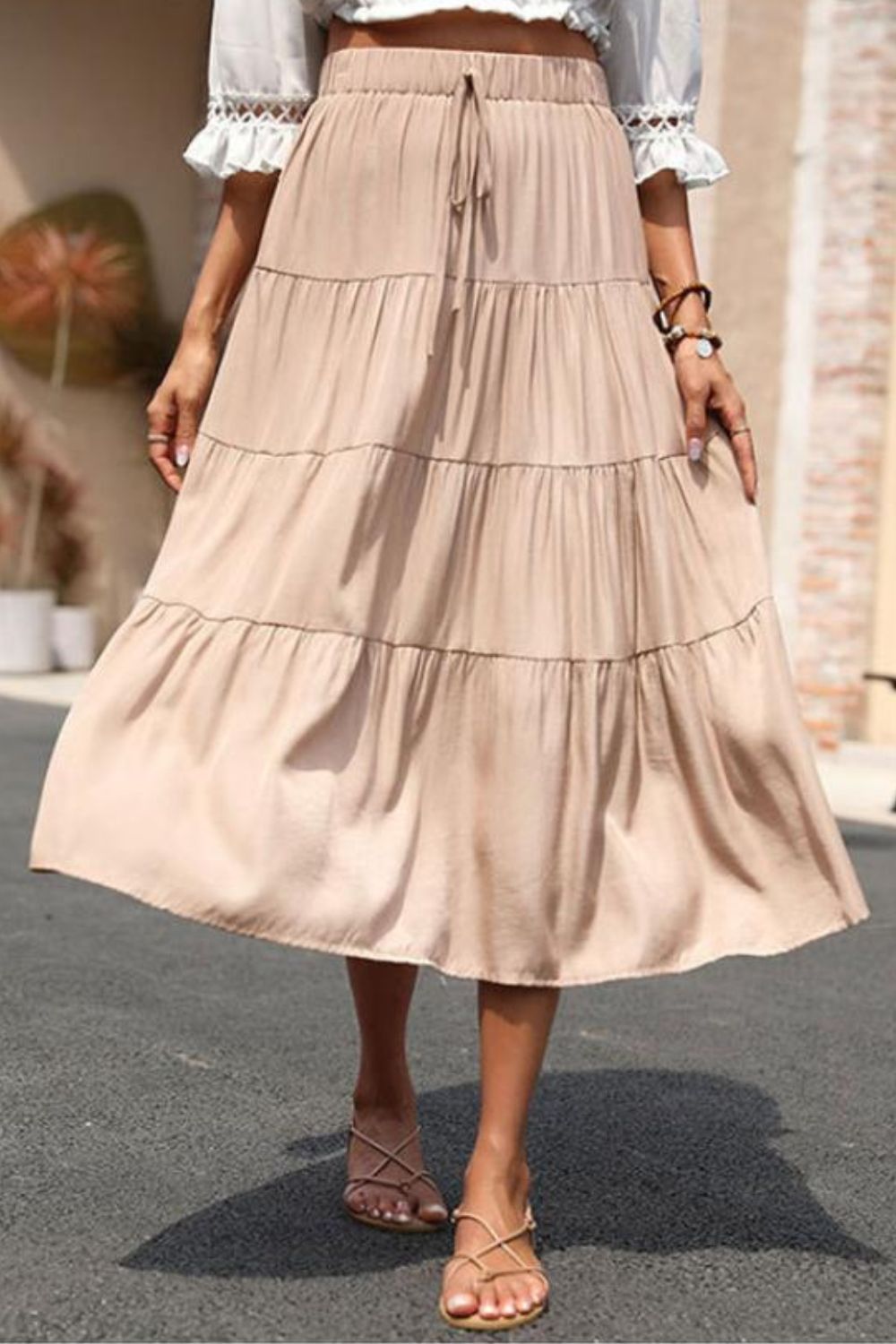 Elastic Waist Tiered Midi Skirt - Skirt - Khaki - Bella Bourget