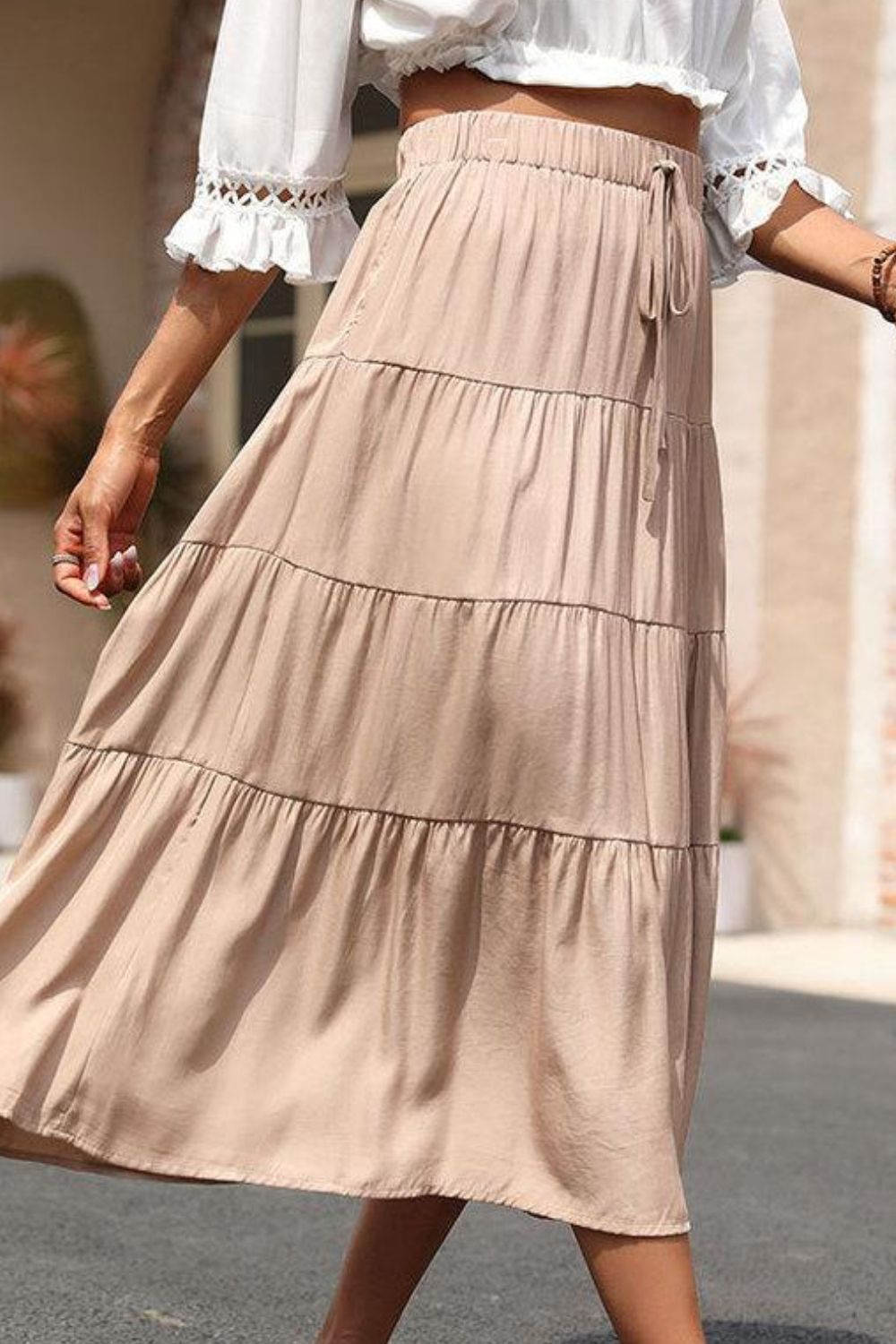 Elastic Waist Tiered Midi Skirt - Skirt - Khaki - Bella Bourget