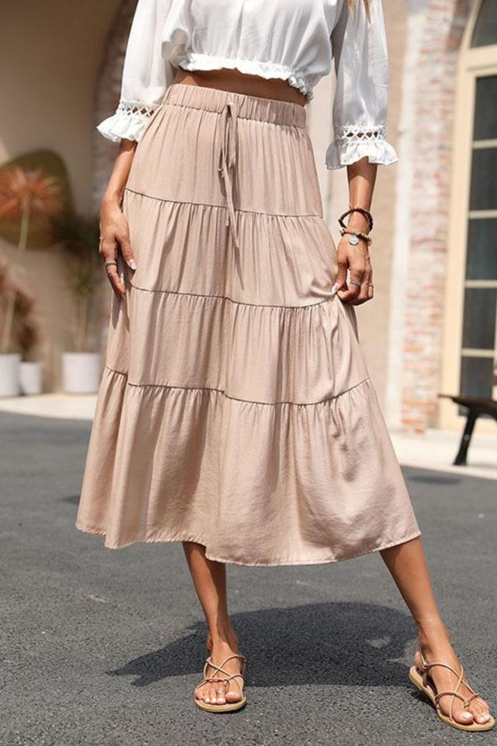 Elastic Waist Tiered Midi Skirt - Skirt - Khaki - Bella Bourget