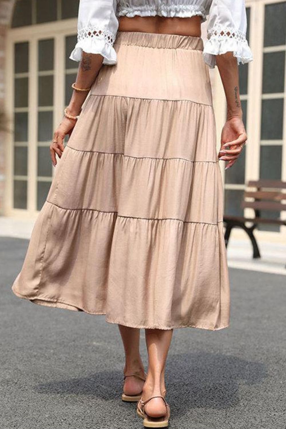 Elastic Waist Tiered Midi Skirt - Skirt - Khaki - Bella Bourget