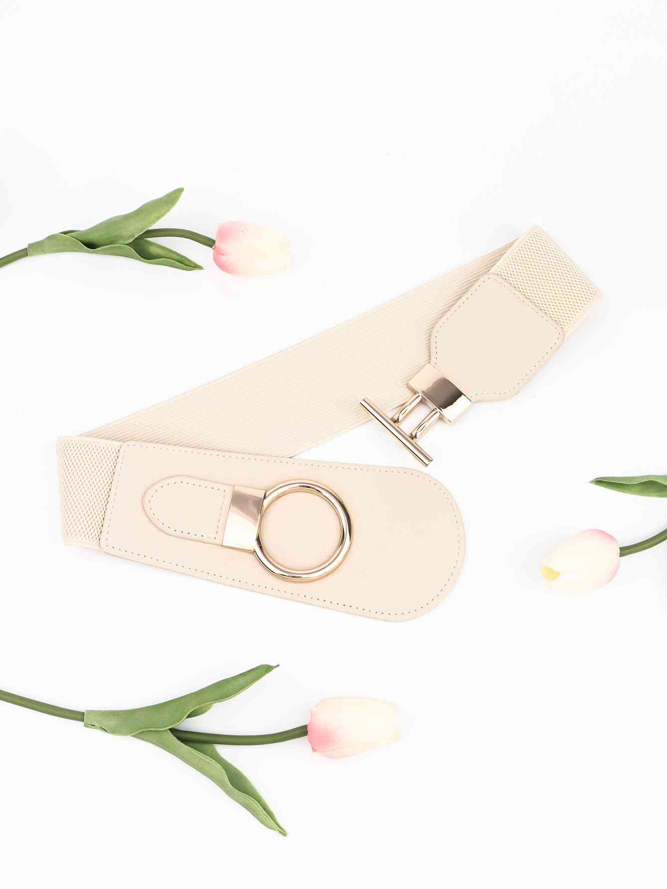 Elastic Wide Belt with Alloy Buckle - belt - Cream - Bella Bourget