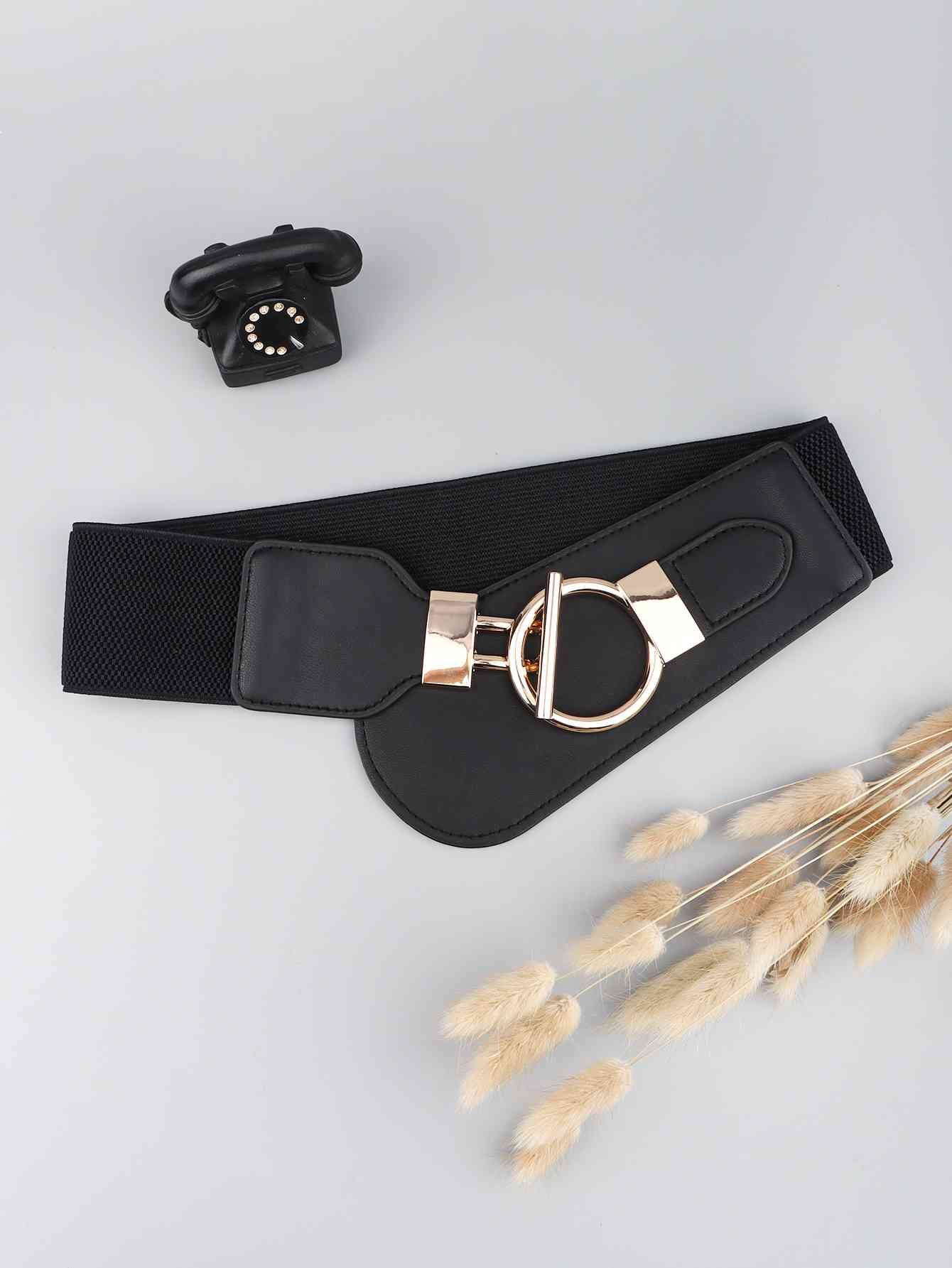 Elastic Wide Belt with Alloy Buckle - belt - Black - Bella Bourget