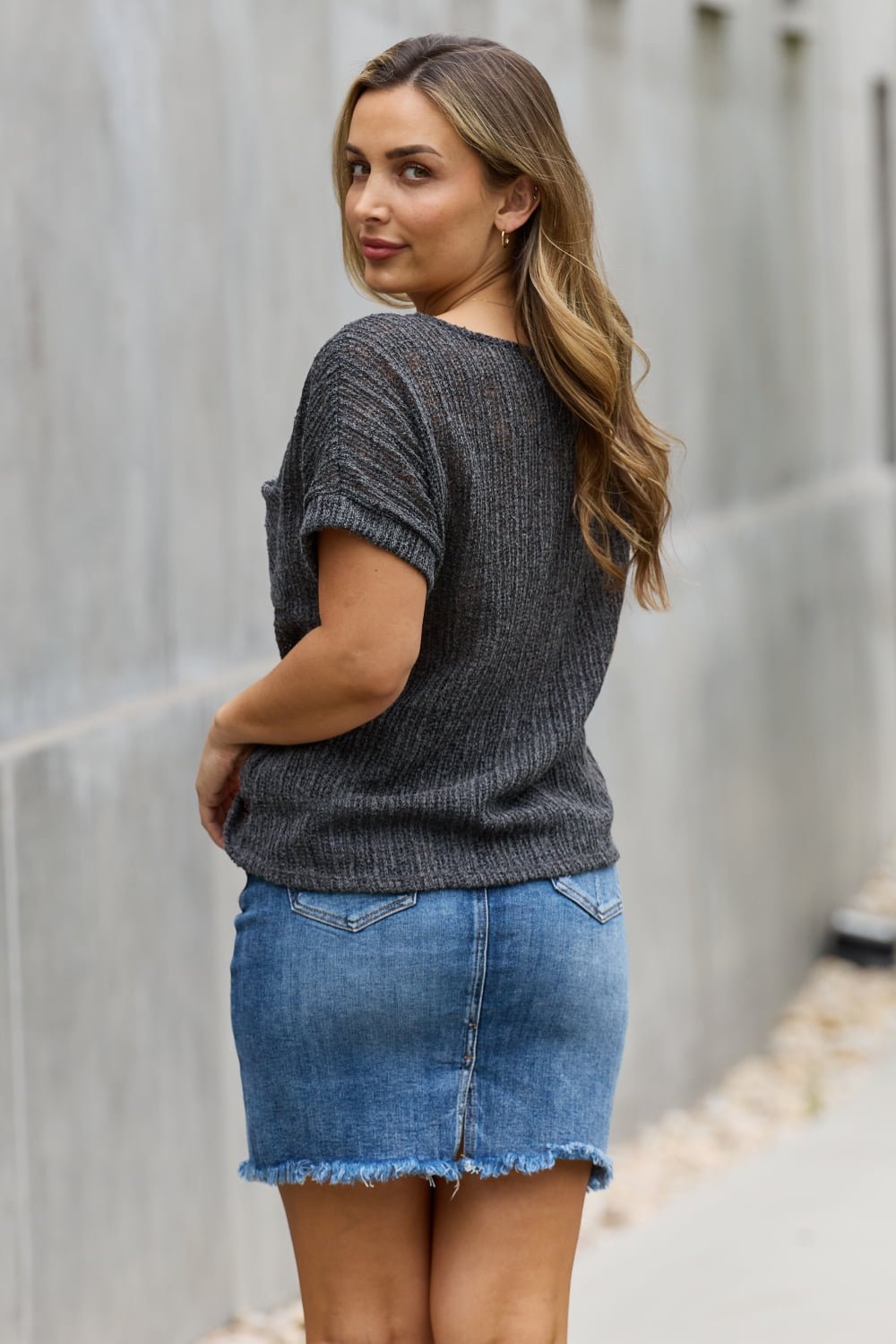 e.Luna Full Size Chunky Knit Short Sleeve Top in Gray - Knit Top - Dark Gray - Bella Bourget