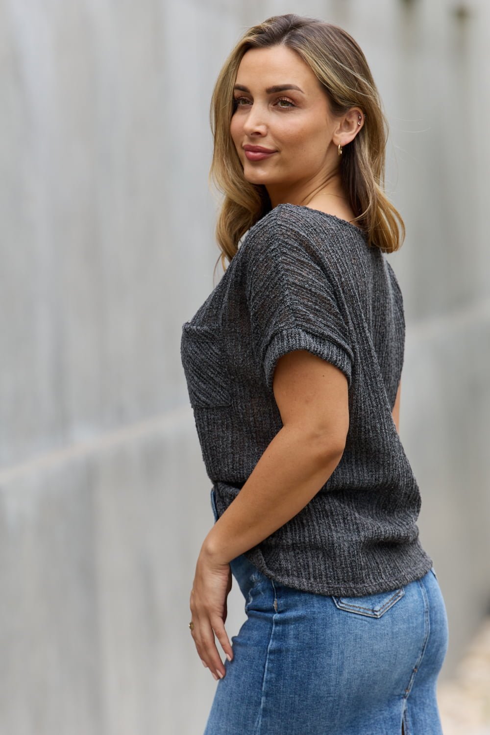 e.Luna Full Size Chunky Knit Short Sleeve Top in Gray - Knit Top - Dark Gray - Bella Bourget