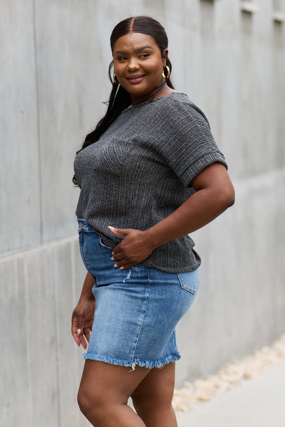 e.Luna Full Size Chunky Knit Short Sleeve Top in Gray - Knit Top - Dark Gray - Bella Bourget