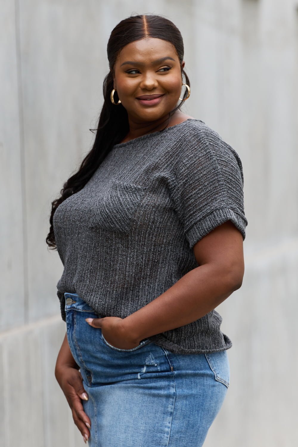 e.Luna Full Size Chunky Knit Short Sleeve Top in Gray - Knit Top - Dark Gray - Bella Bourget