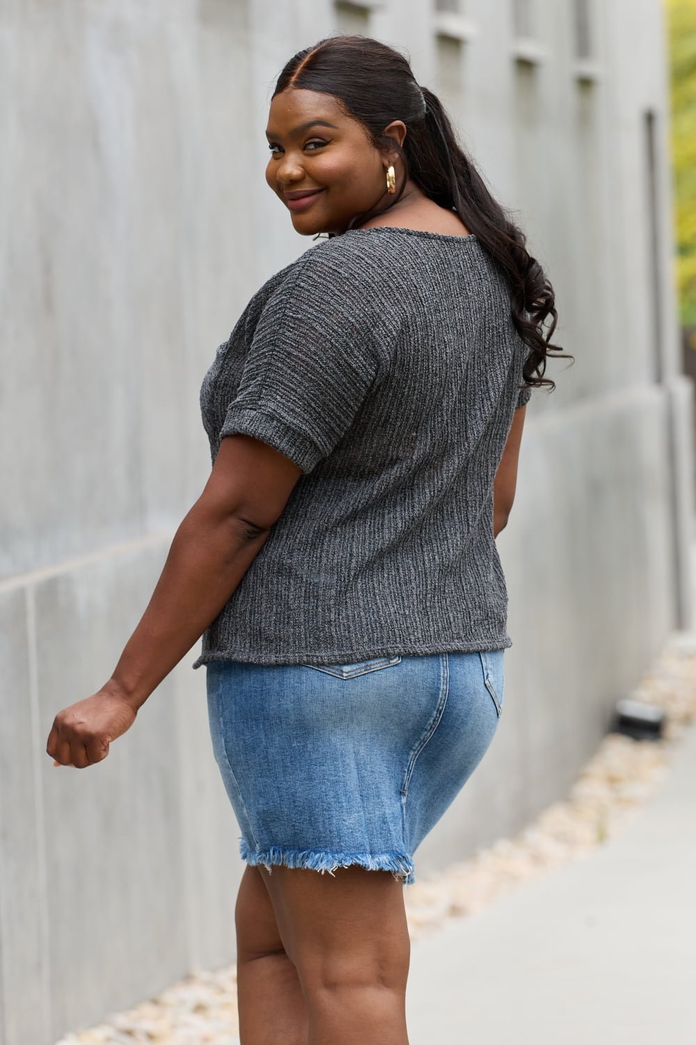 e.Luna Full Size Chunky Knit Short Sleeve Top in Gray - Knit Top - Dark Gray - Bella Bourget