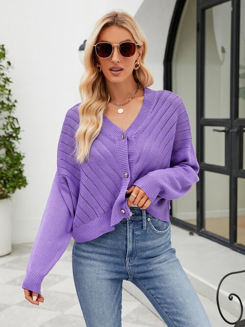 Eyelet Button Front Long Sleeve Cardigan - Sweater - Purple - Bella Bourget