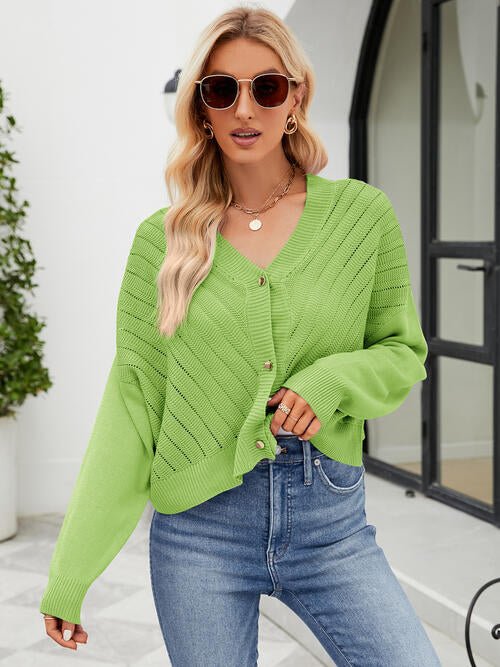 Eyelet Button Front Long Sleeve Cardigan - Sweater - Lime - Bella Bourget