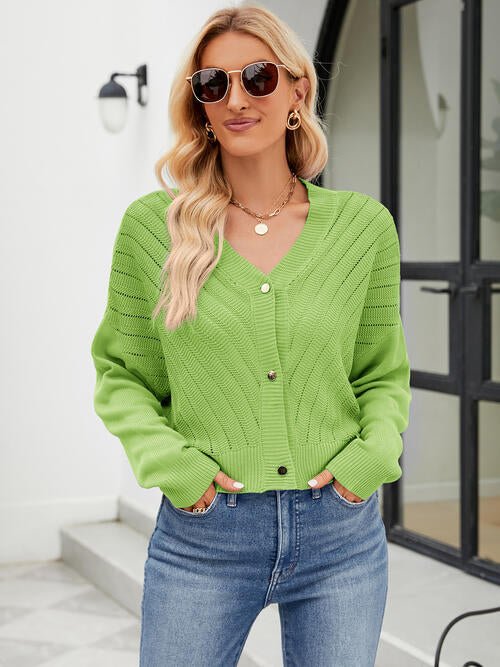 Eyelet Button Front Long Sleeve Cardigan - Sweater - Lime - Bella Bourget