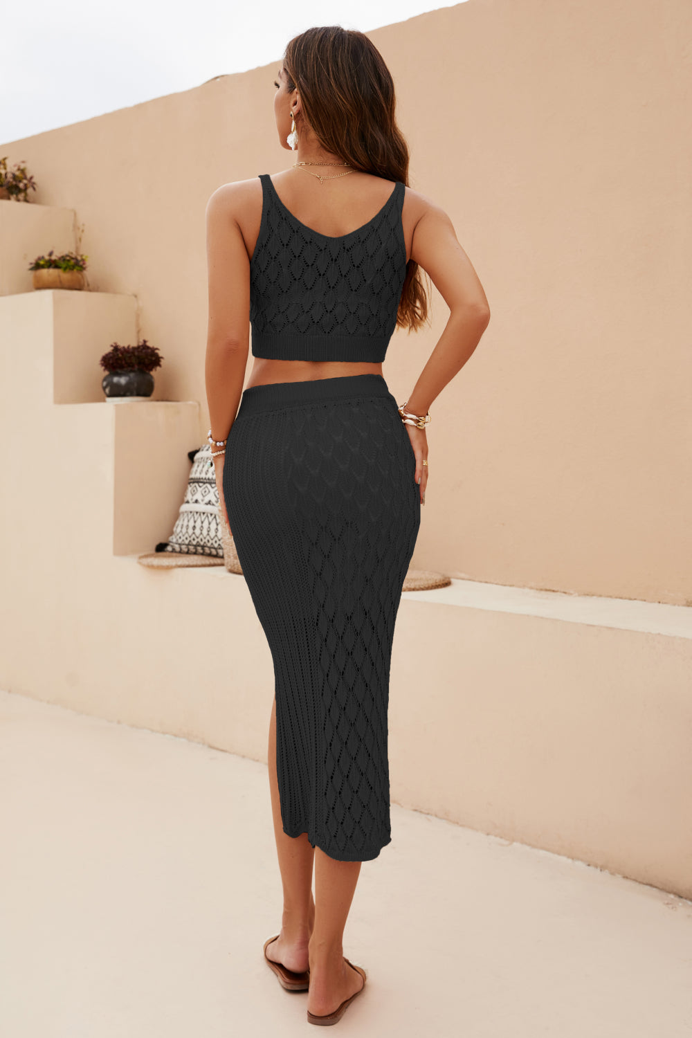 Openwork Cropped Tank and Split Skirt Set - Sleep Dress - Black - Bella Bourget