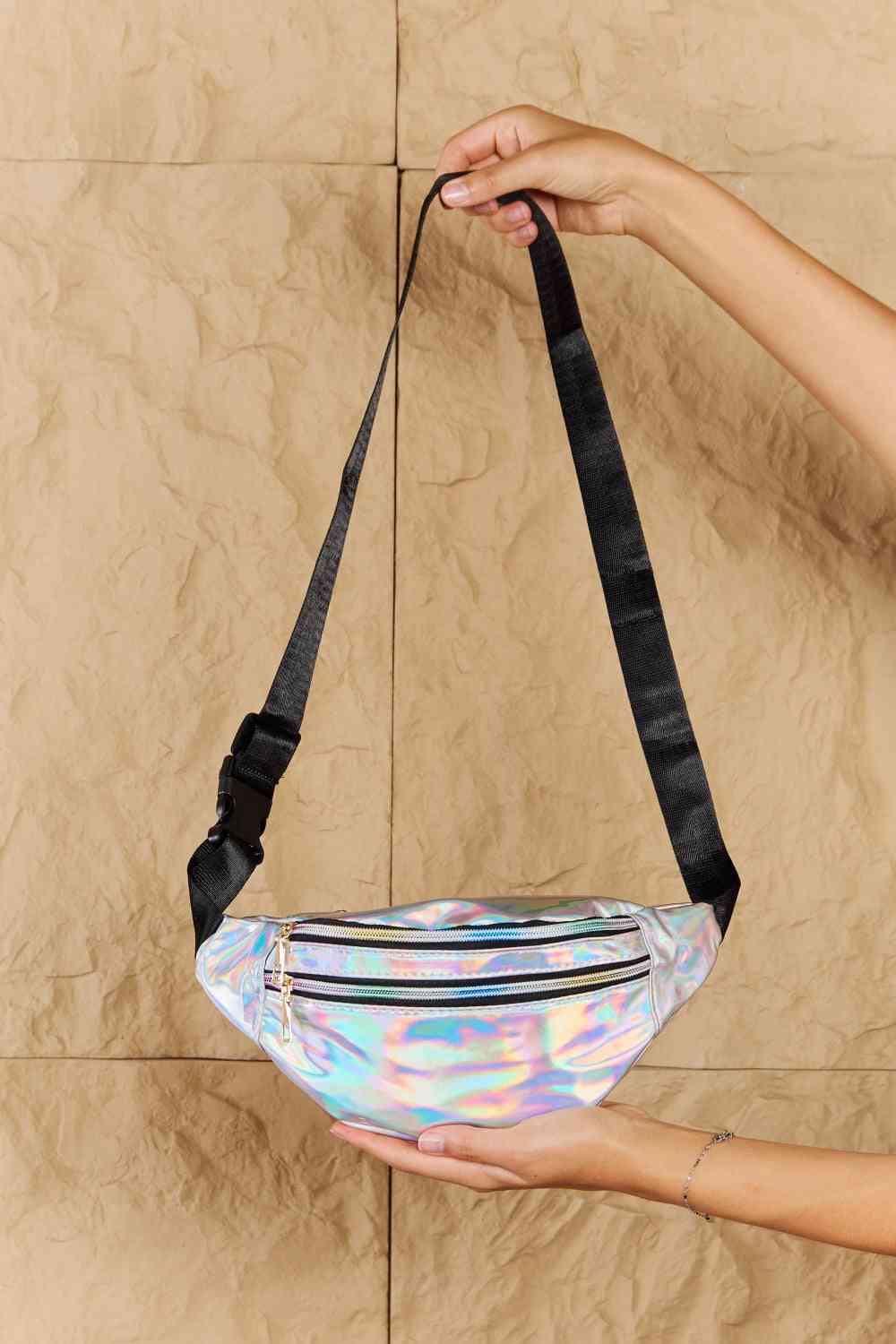 Fame Good Vibrations Holographic Double Zipper Fanny Pack in Silver - bag - Silver - Bella Bourget