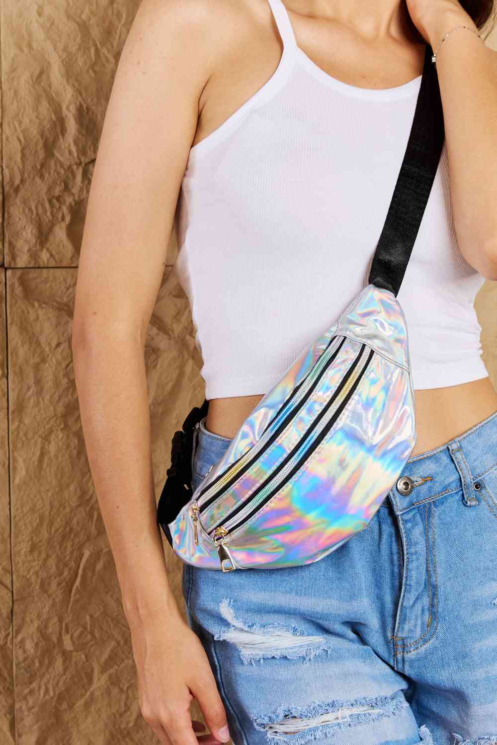 Fame Good Vibrations Holographic Double Zipper Fanny Pack in Silver - bag - Silver - Bella Bourget