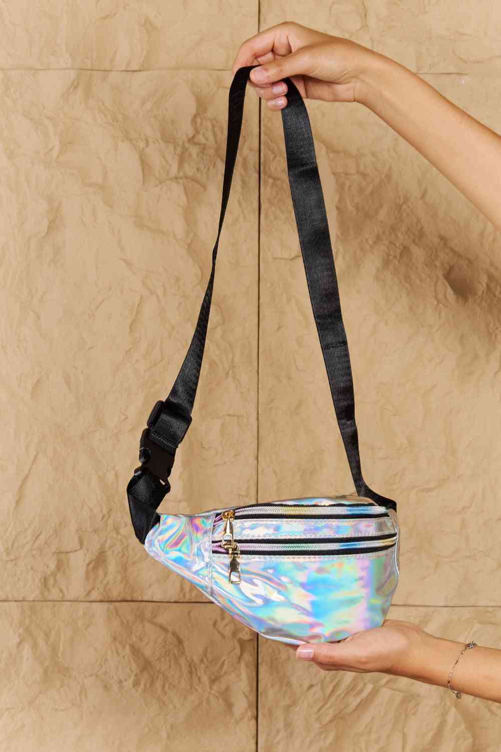 Fame Good Vibrations Holographic Double Zipper Fanny Pack in Silver - bag - Silver - Bella Bourget