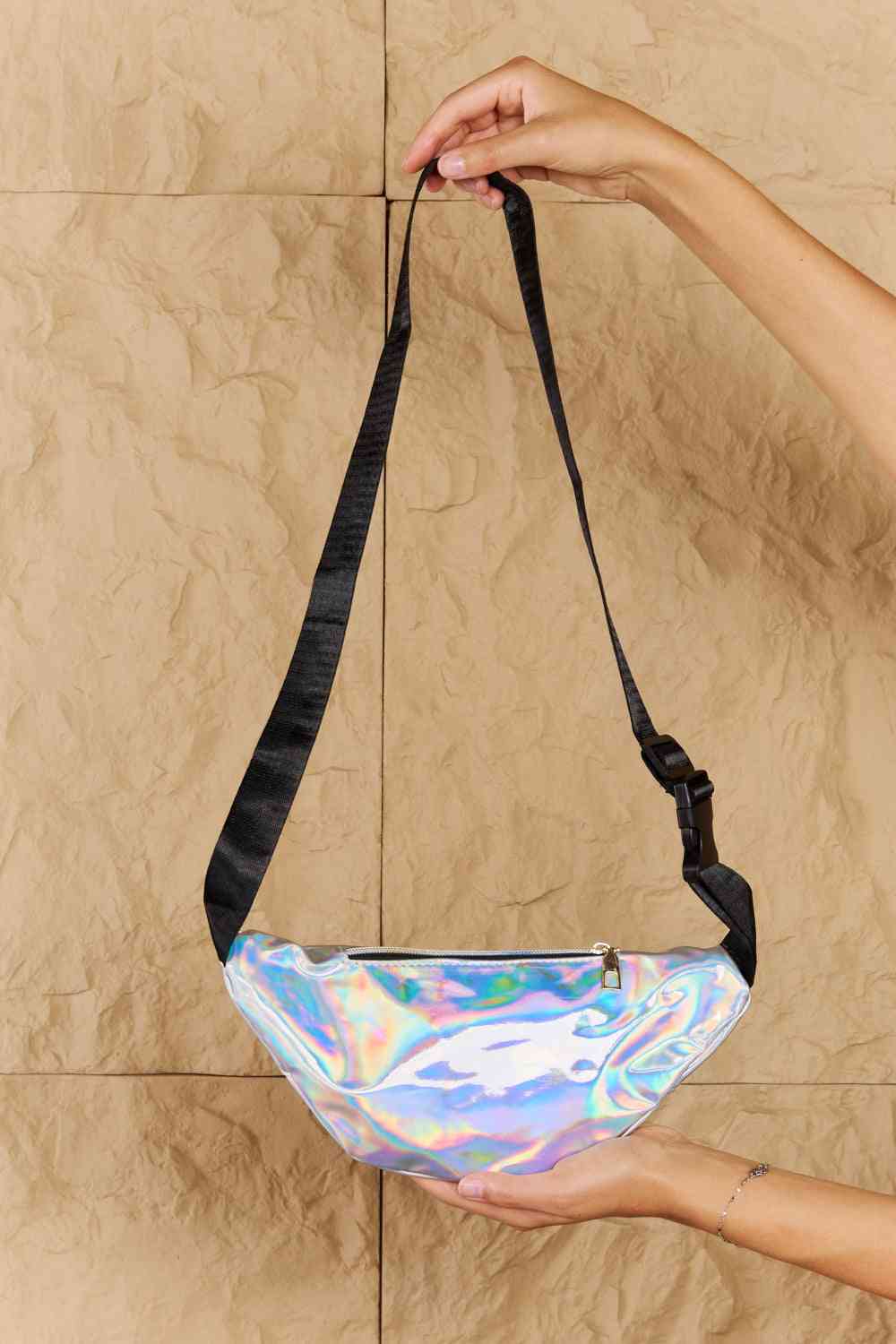 Fame Good Vibrations Holographic Double Zipper Fanny Pack in Silver - bag - Silver - Bella Bourget