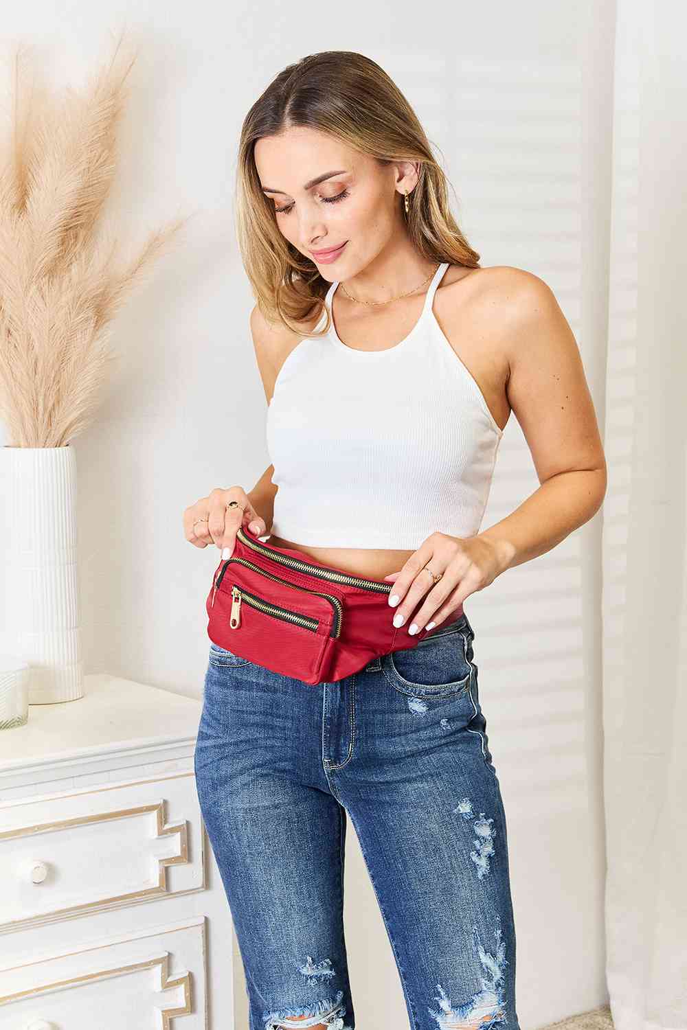 Fame Triple Pocket Nylon Fanny Pack - bag - Deep Red - Bella Bourget