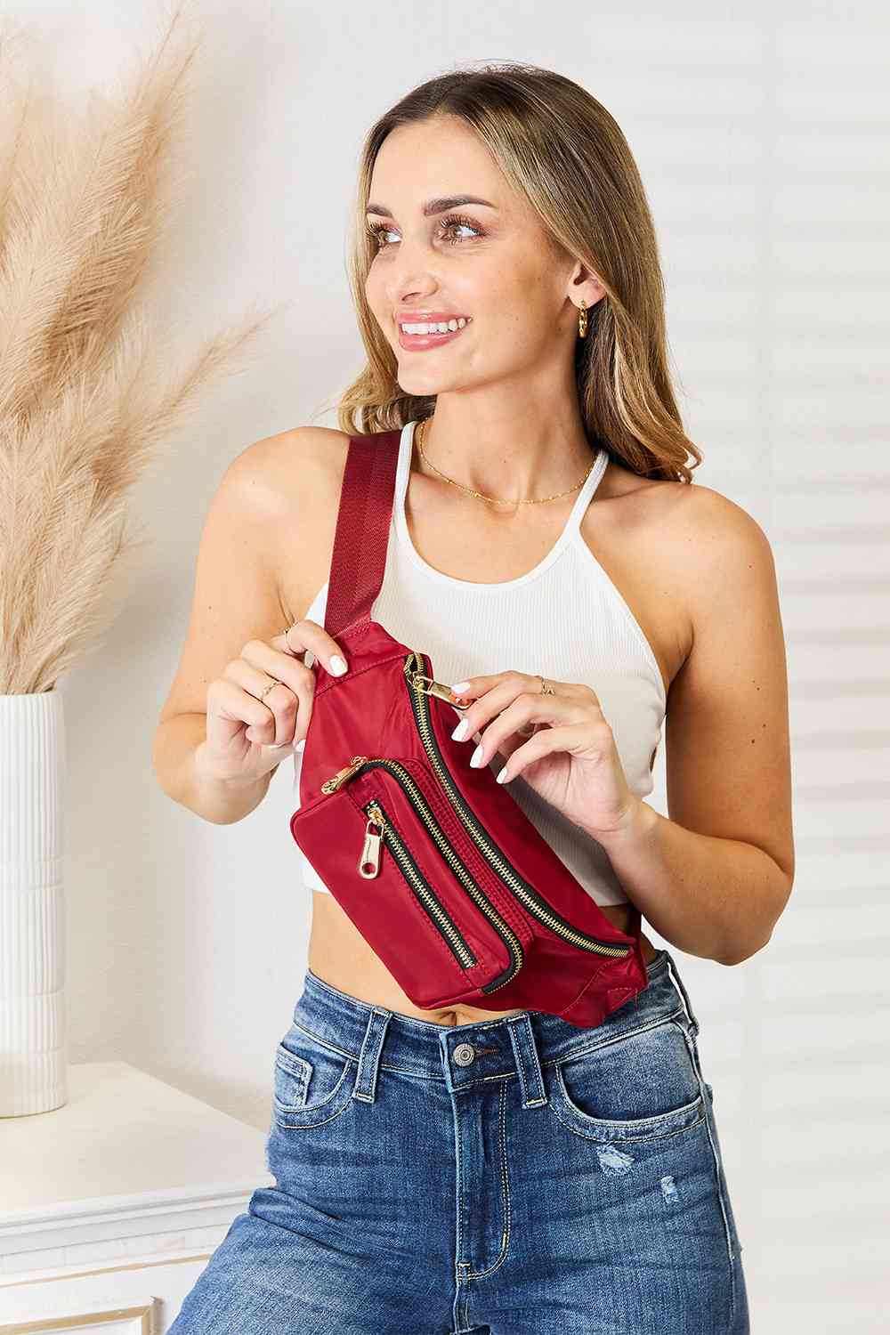 Fame Triple Pocket Nylon Fanny Pack - bag - Deep Red - Bella Bourget