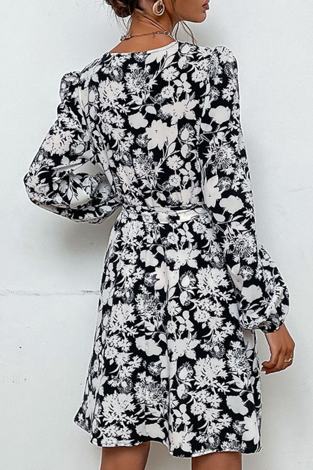 Floral Belted V - Neck Puff Sleeve Mini Dress - Dress - Floral - Bella Bourget