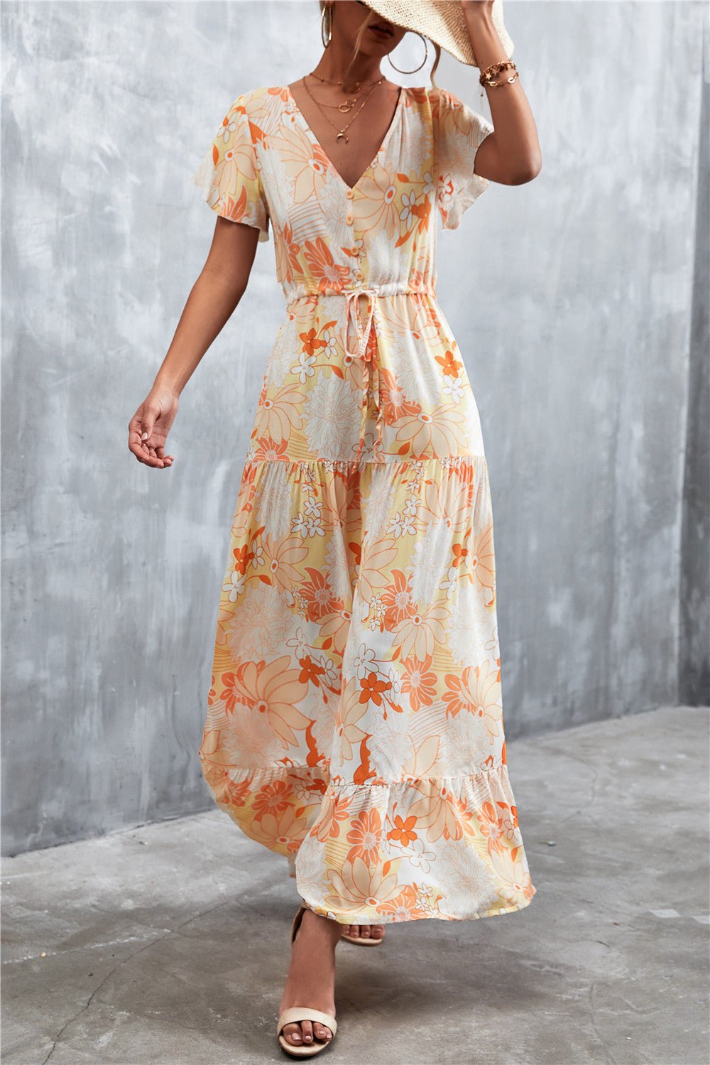 Floral Buttoned Drawstring Waist Tiered Dress - Dress - Butter Yellow - Bella Bourget