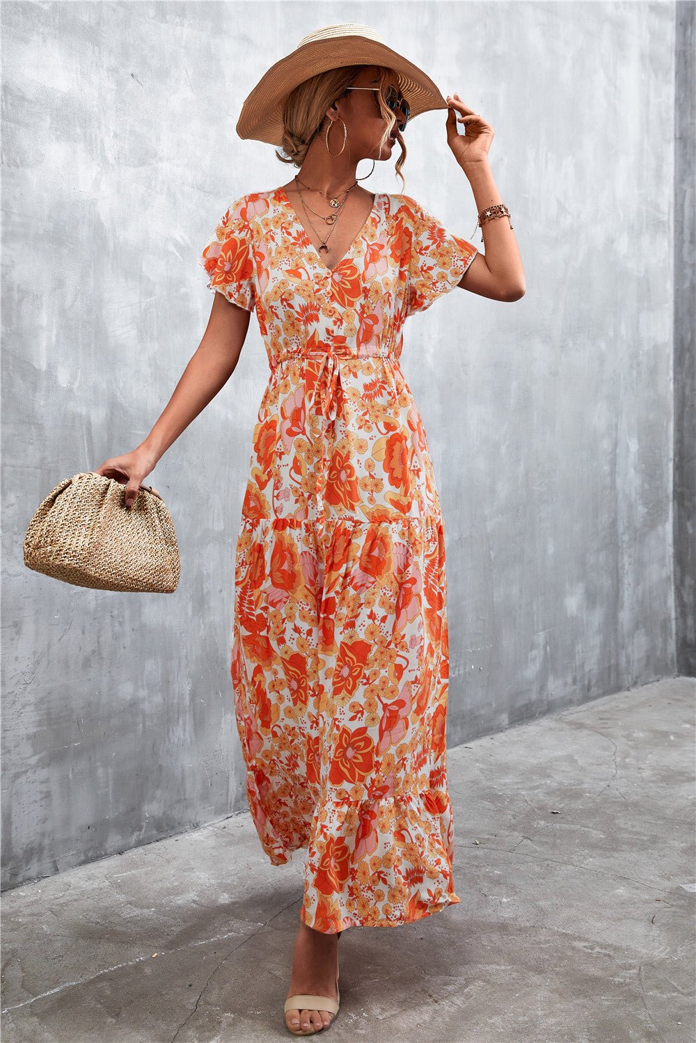 Floral Buttoned Drawstring Waist Tiered Dress - Dress - Orange/Yellow - Bella Bourget