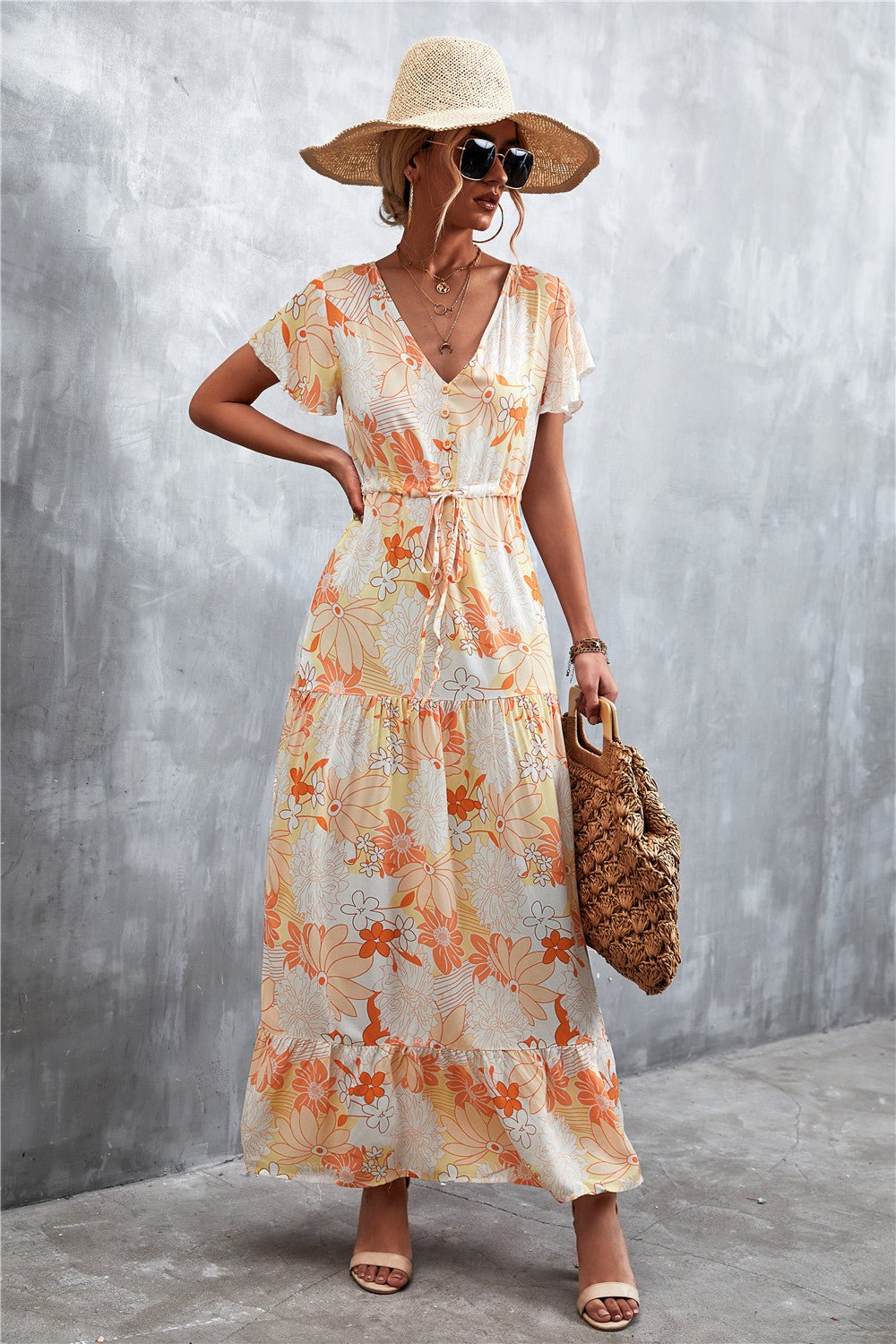 Floral Buttoned Drawstring Waist Tiered Dress - Dress - Butter Yellow - Bella Bourget