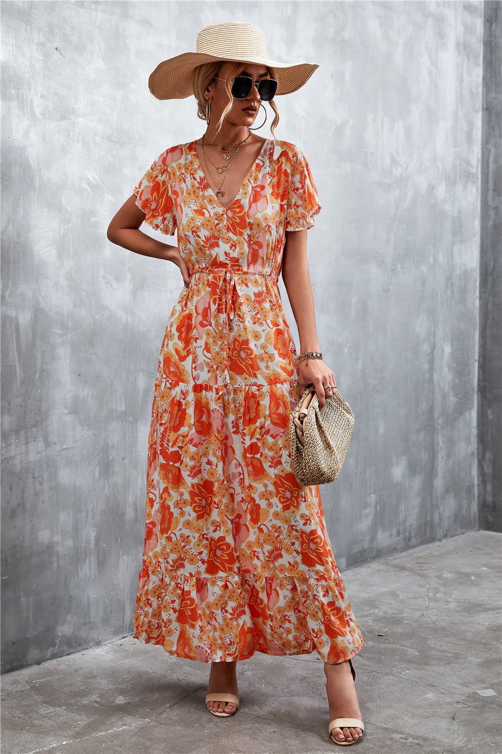 Floral Buttoned Drawstring Waist Tiered Dress - Dress - Orange/Yellow - Bella Bourget