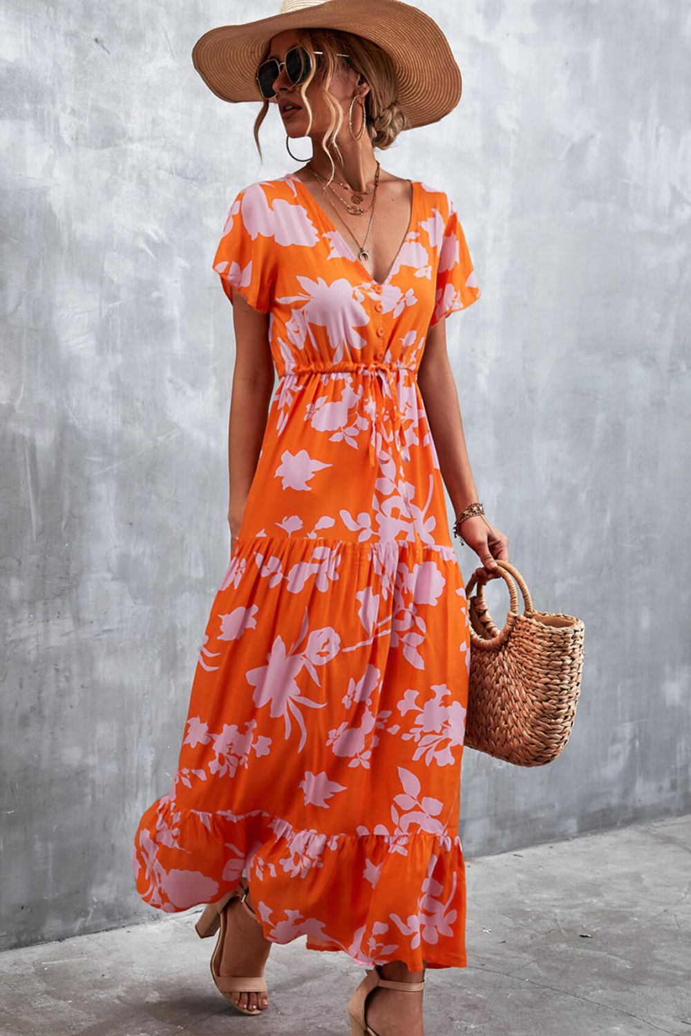 Floral Buttoned Drawstring Waist Tiered Dress - Dress - Orange - Bella Bourget