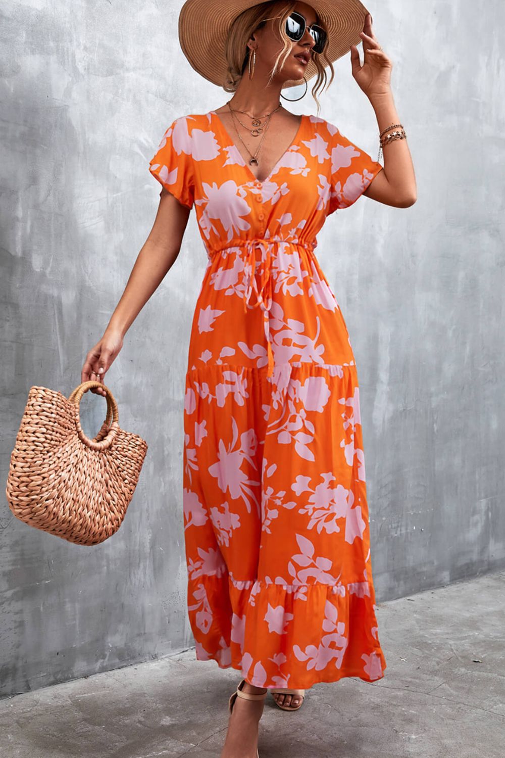 Floral Buttoned Drawstring Waist Tiered Dress - Dress - Orange - Bella Bourget