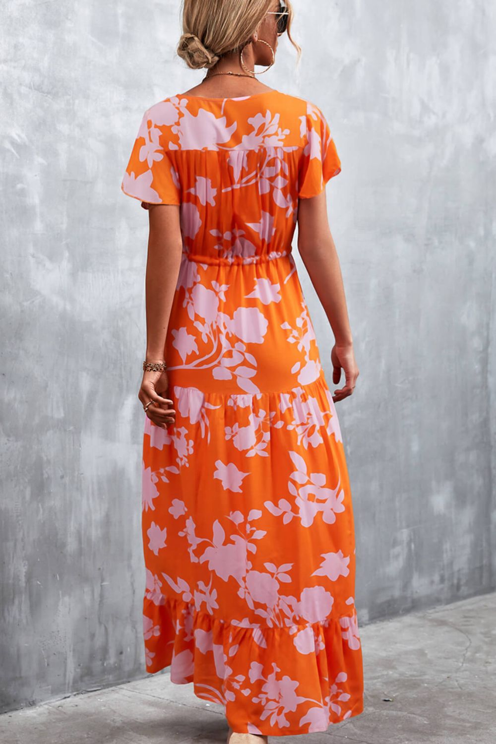 Floral Buttoned Drawstring Waist Tiered Dress - Dress - Orange/Yellow - Bella Bourget