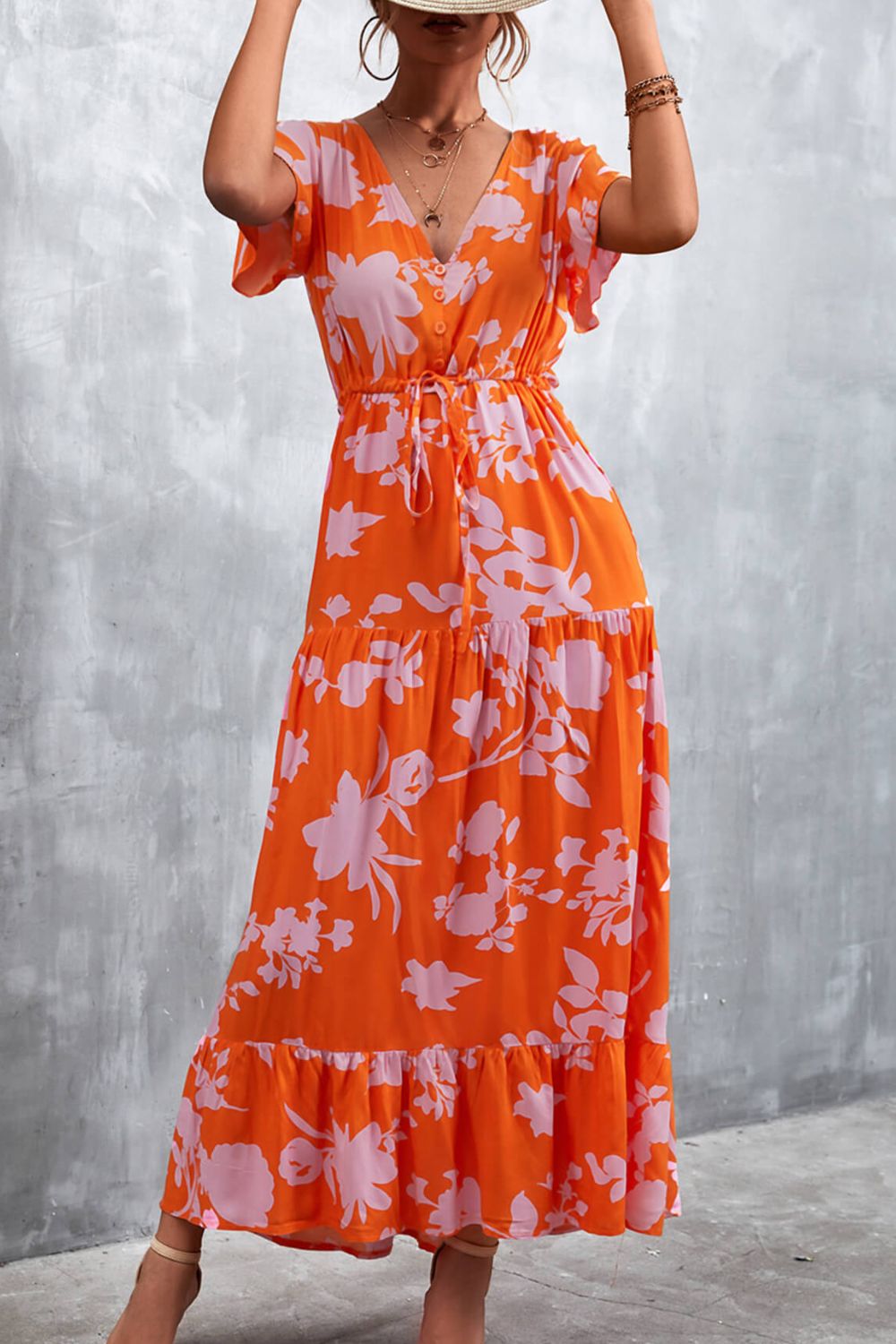 Floral Buttoned Drawstring Waist Tiered Dress - Dress - Orange/Yellow - Bella Bourget