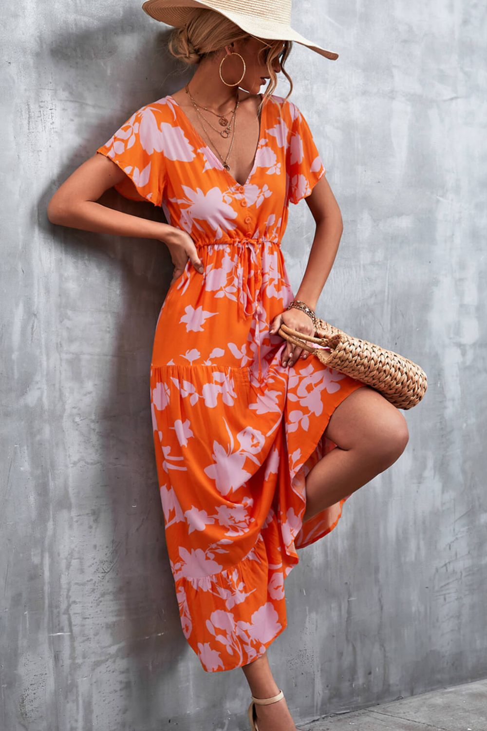 Floral Buttoned Drawstring Waist Tiered Dress - Dress - Orange - Bella Bourget