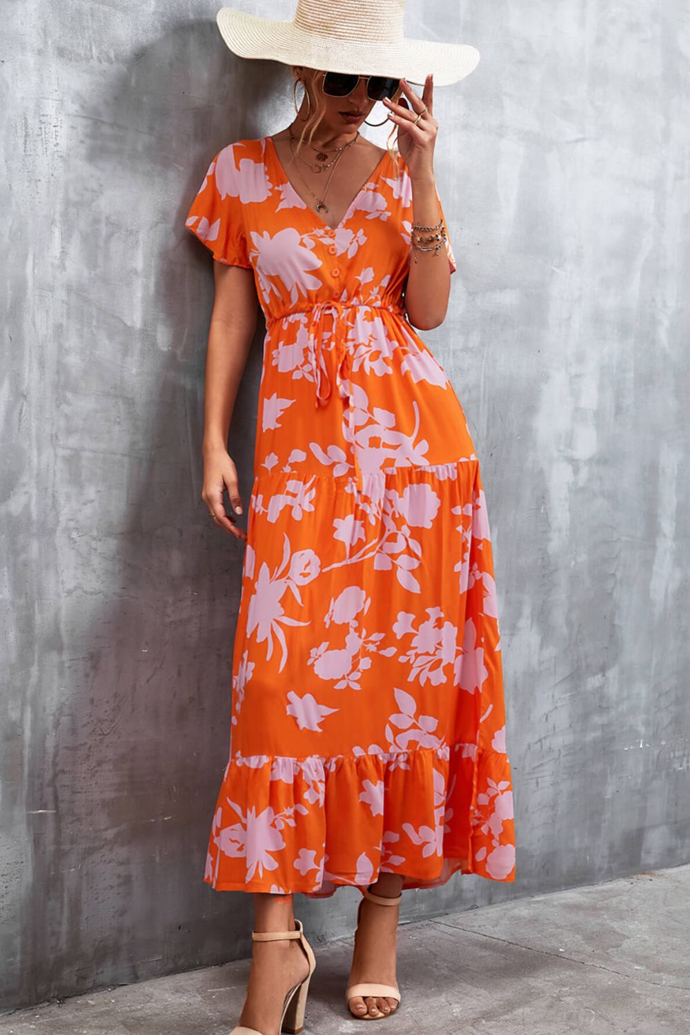 Floral Buttoned Drawstring Waist Tiered Dress - Dress - Orange - Bella Bourget