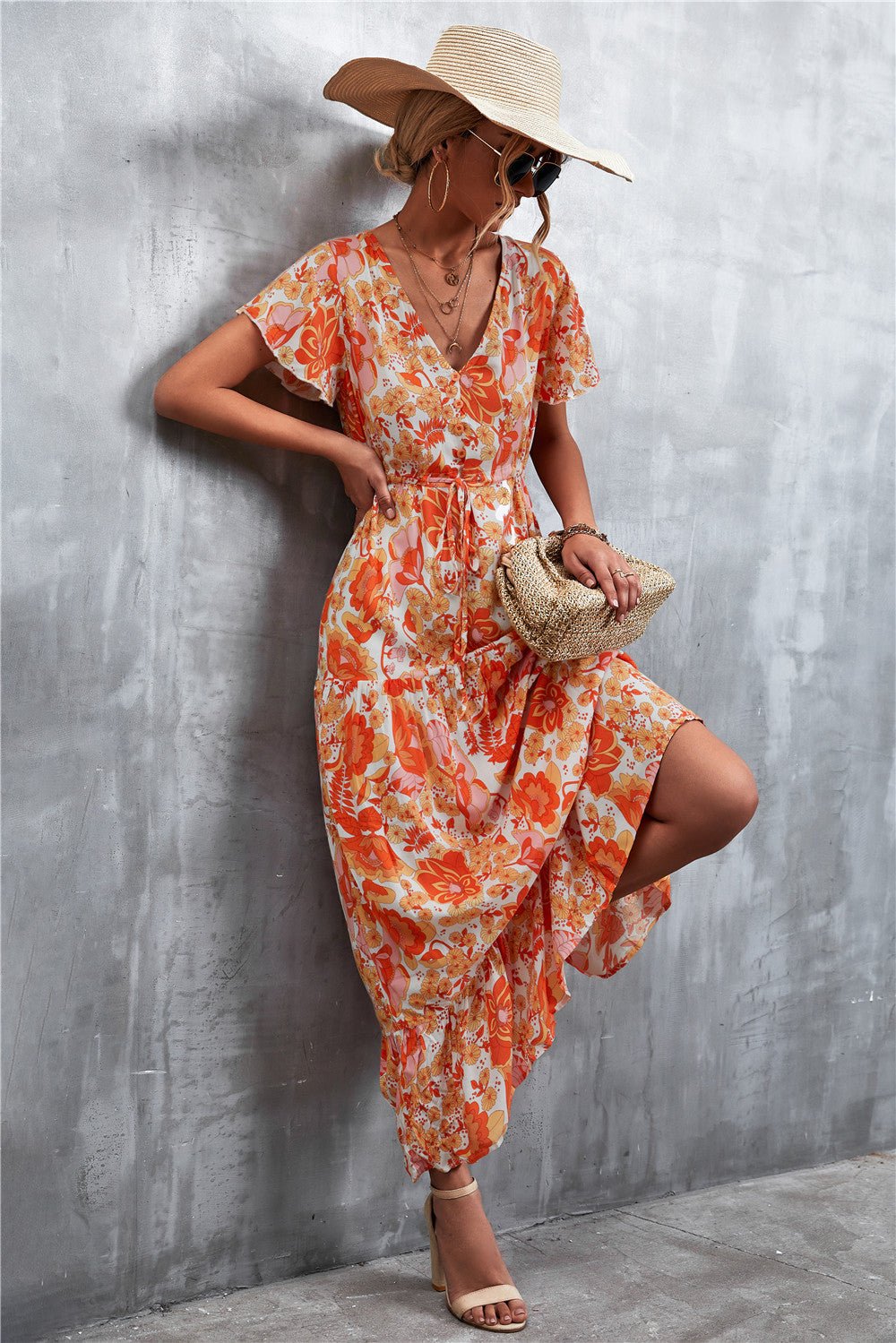 Floral Buttoned Drawstring Waist Tiered Dress - Dress - Orange/Yellow - Bella Bourget