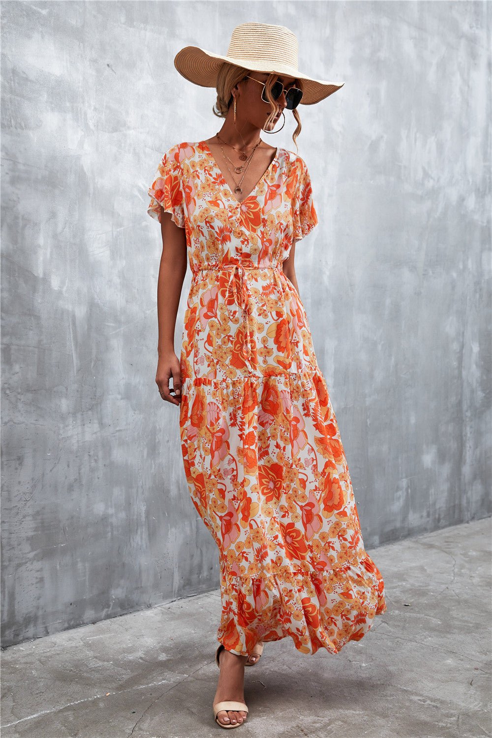 Floral Buttoned Drawstring Waist Tiered Dress - Dress - Orange/Yellow - Bella Bourget