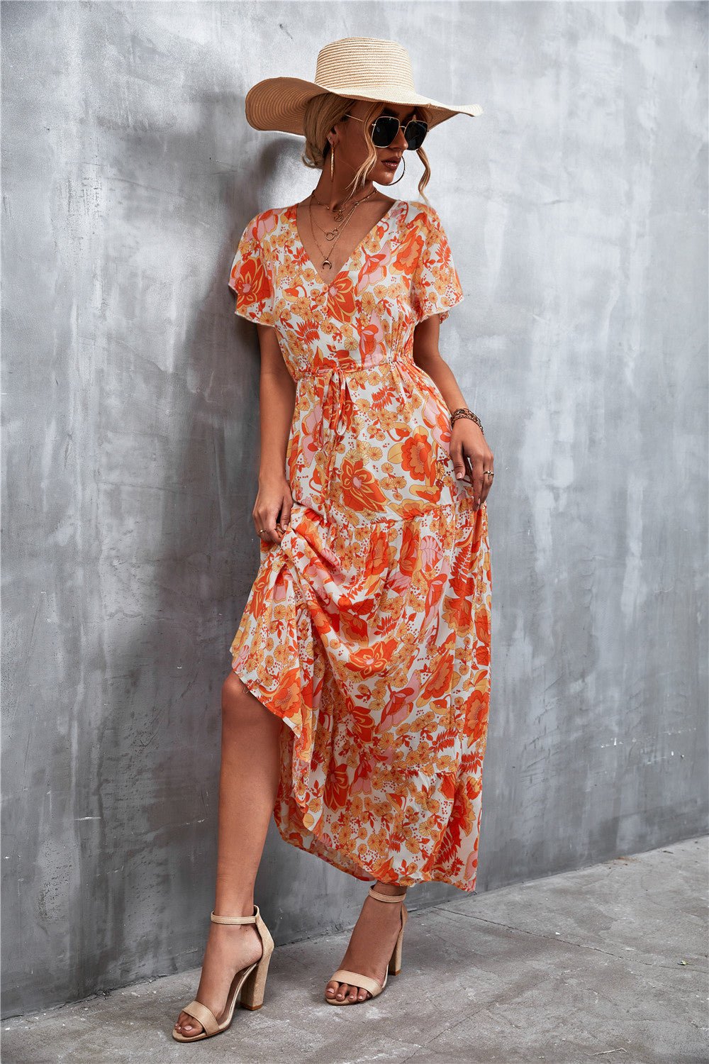 Floral Buttoned Drawstring Waist Tiered Dress - Dress - Orange/Yellow - Bella Bourget