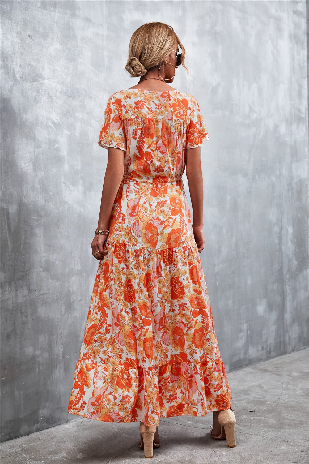 Floral Buttoned Drawstring Waist Tiered Dress - Dress - Orange/Yellow - Bella Bourget