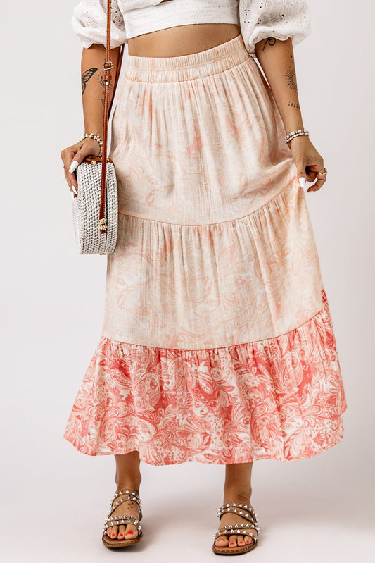 Floral Color Block Tiered Skirt - Skirt - Light Apricot - Bella Bourget