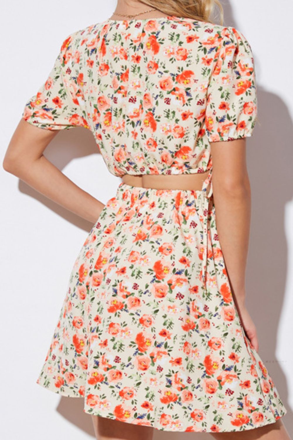 Floral Cutout Short Puff Sleeve Dress - Dress - Floral - Bella Bourget