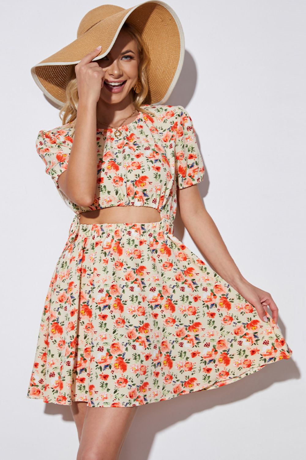 Floral Cutout Short Puff Sleeve Dress - Dress - Floral - Bella Bourget